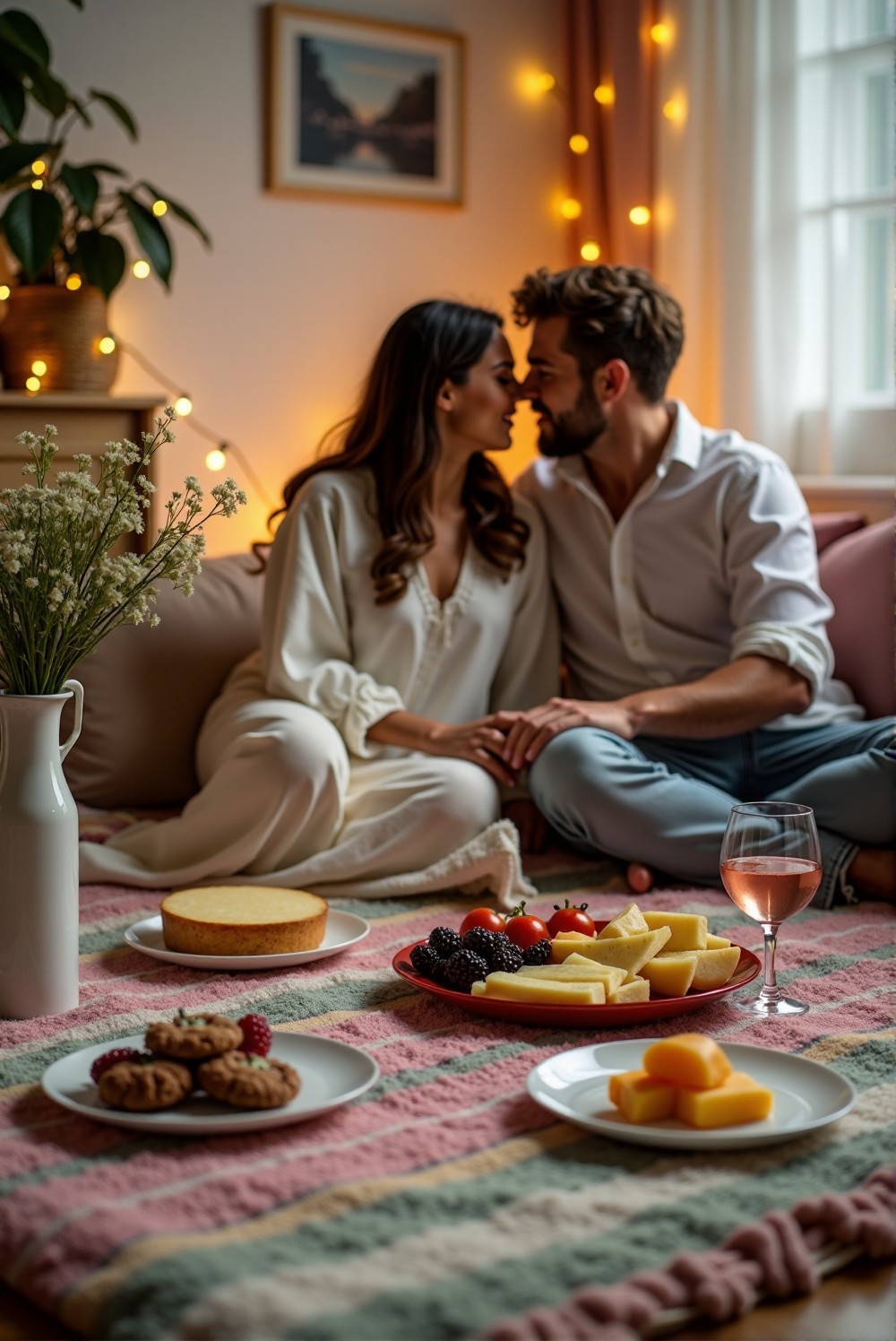 A cozy indoor picnic with candles and snacks for a romantic evening.