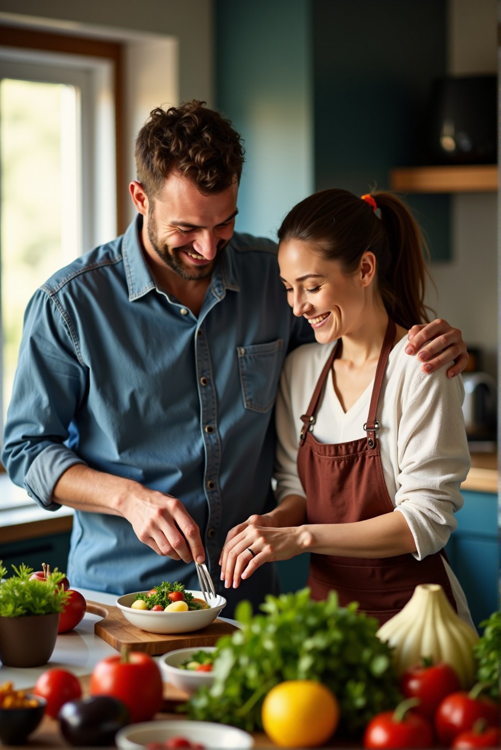 Couple enjoying a cooking class together.