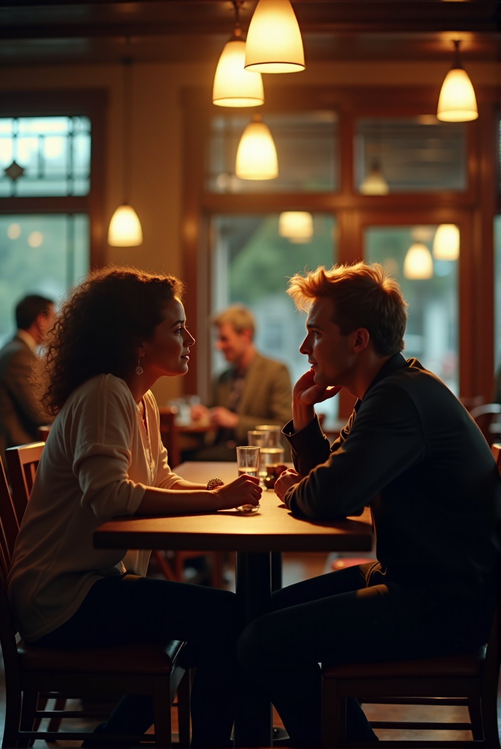 Two people engaging in open conversation.