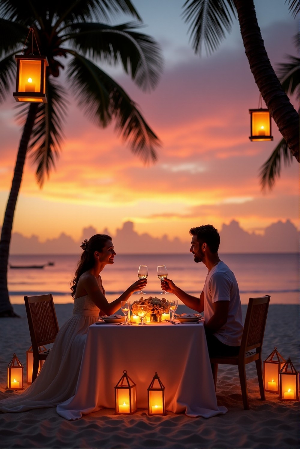 Couple enjoying a romantic dinner on the beach at sunset.