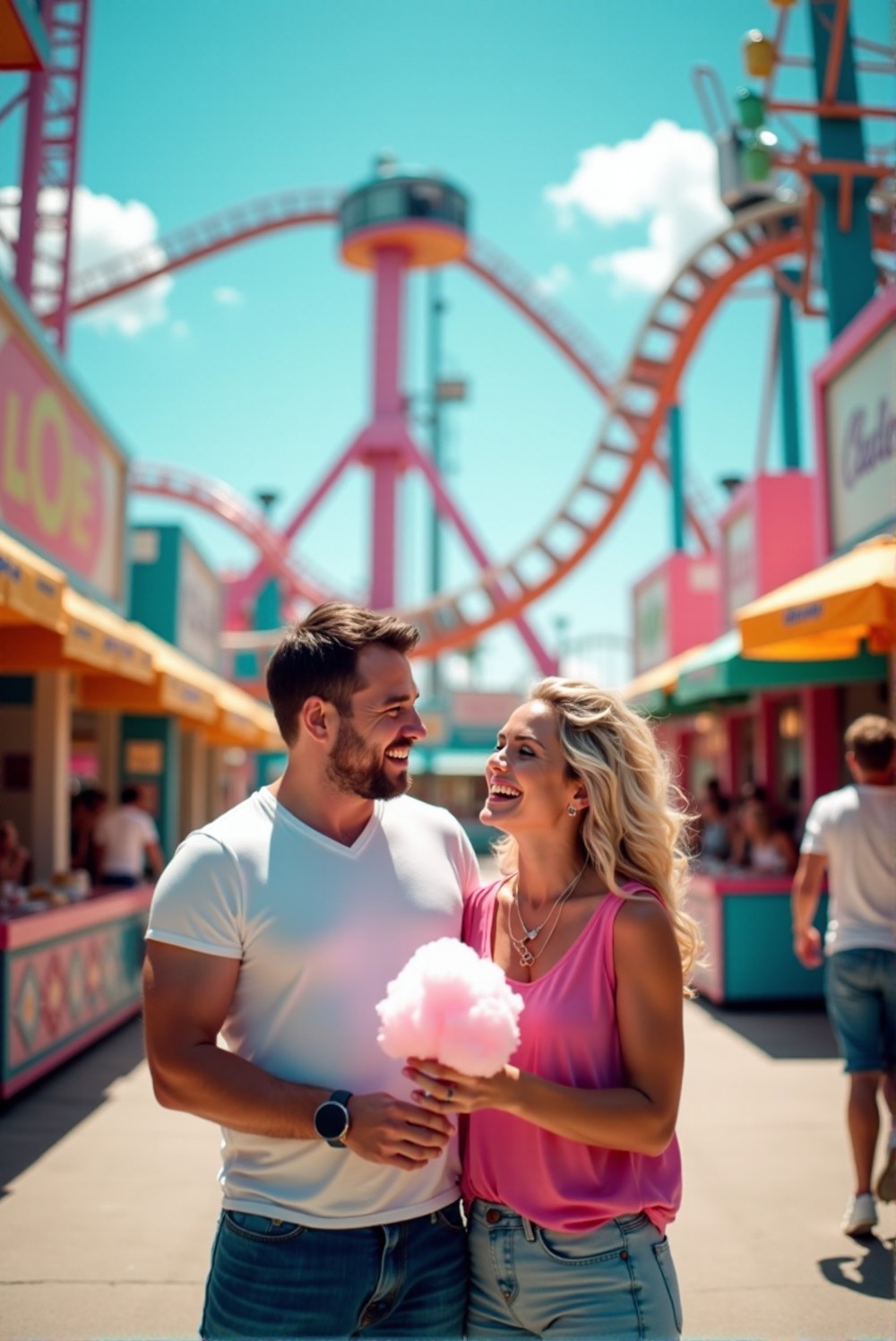 Families enjoying thrilling rides at an amusement park.