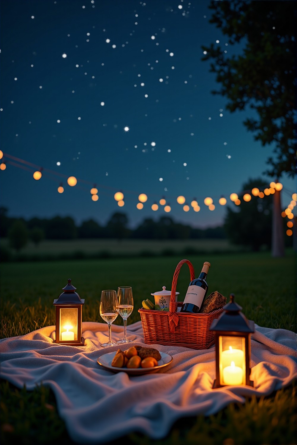 Cozy picnic setup under a starry night sky.