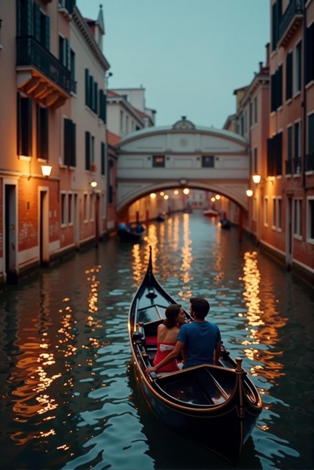 Couple enjoying a romantic gondola ride through the scenic canals of Venice.