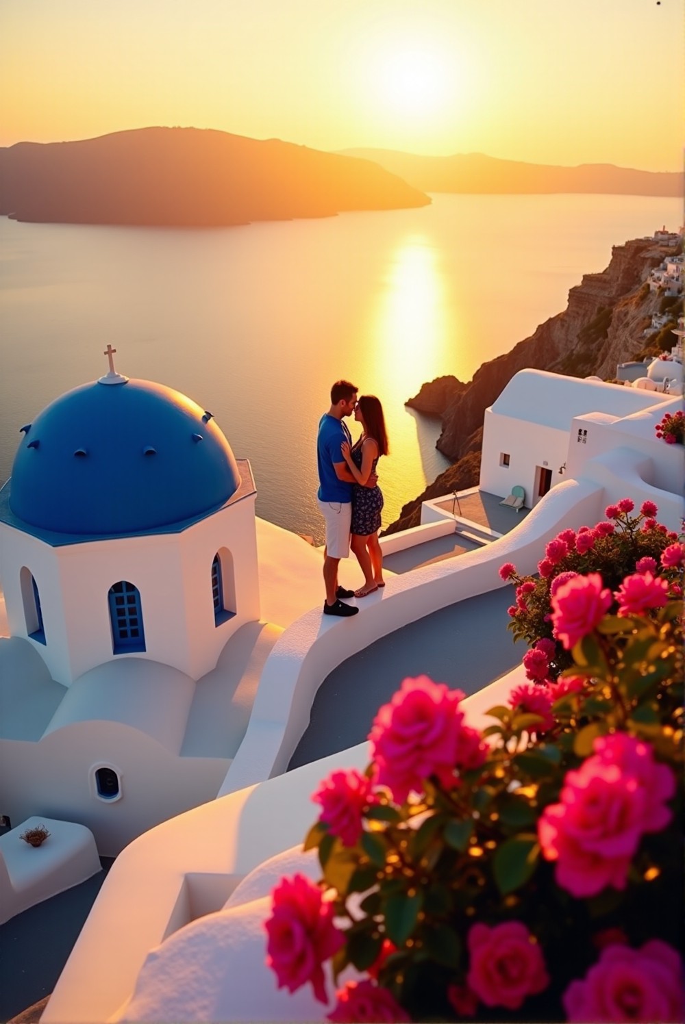 Stunning view of Santorini's iconic white buildings and blue domes overlooking the Aegean Sea.