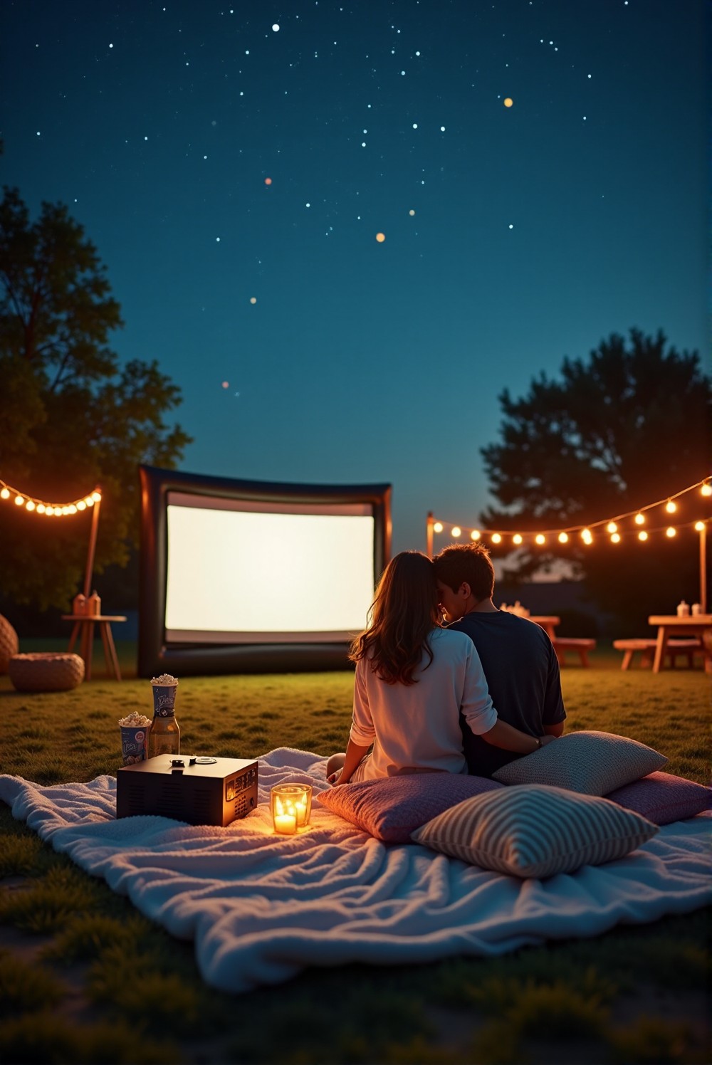 Outdoor movie night with friends under a starlit sky.