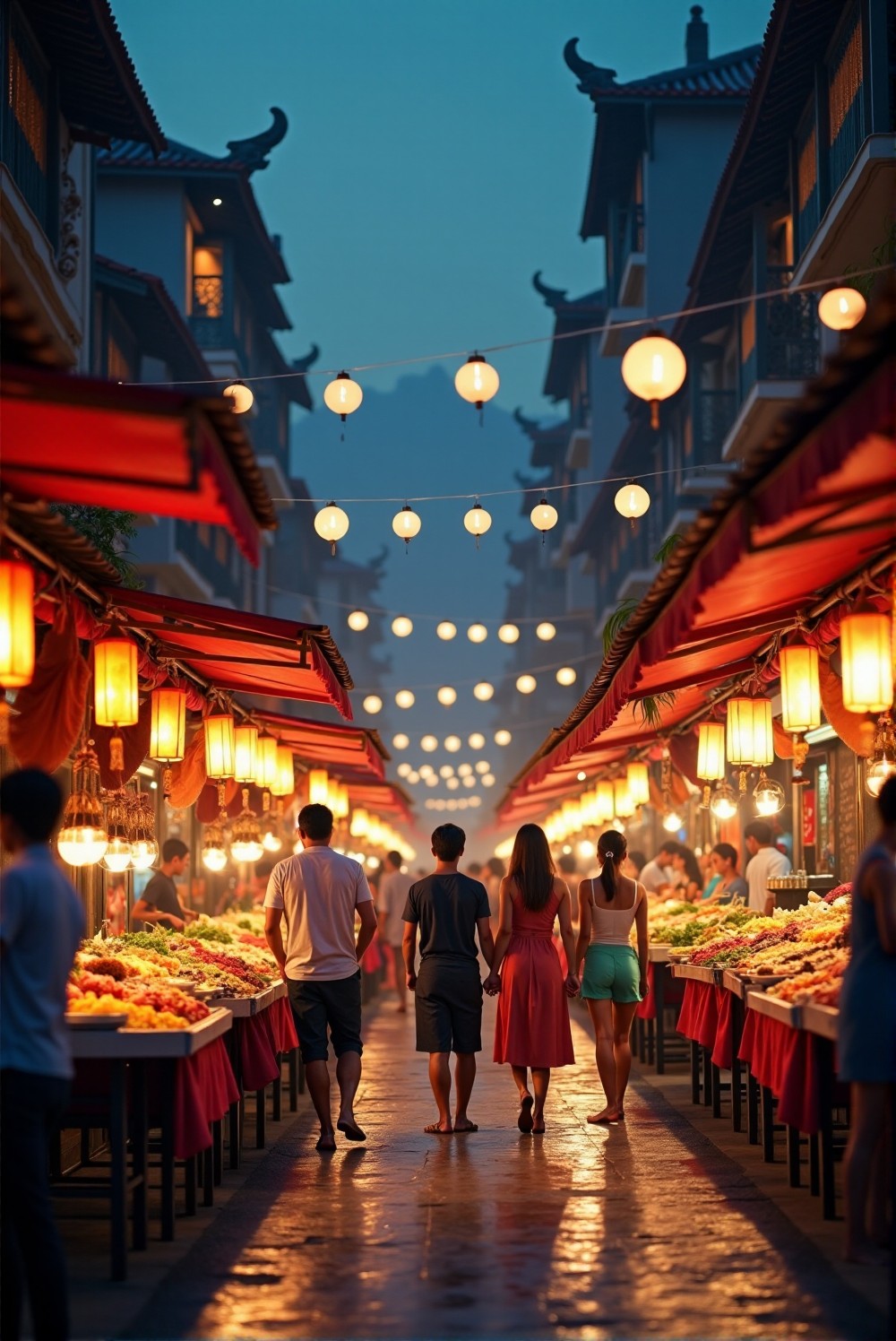 Vibrant night market showcasing local dishes and cultural delicacies.