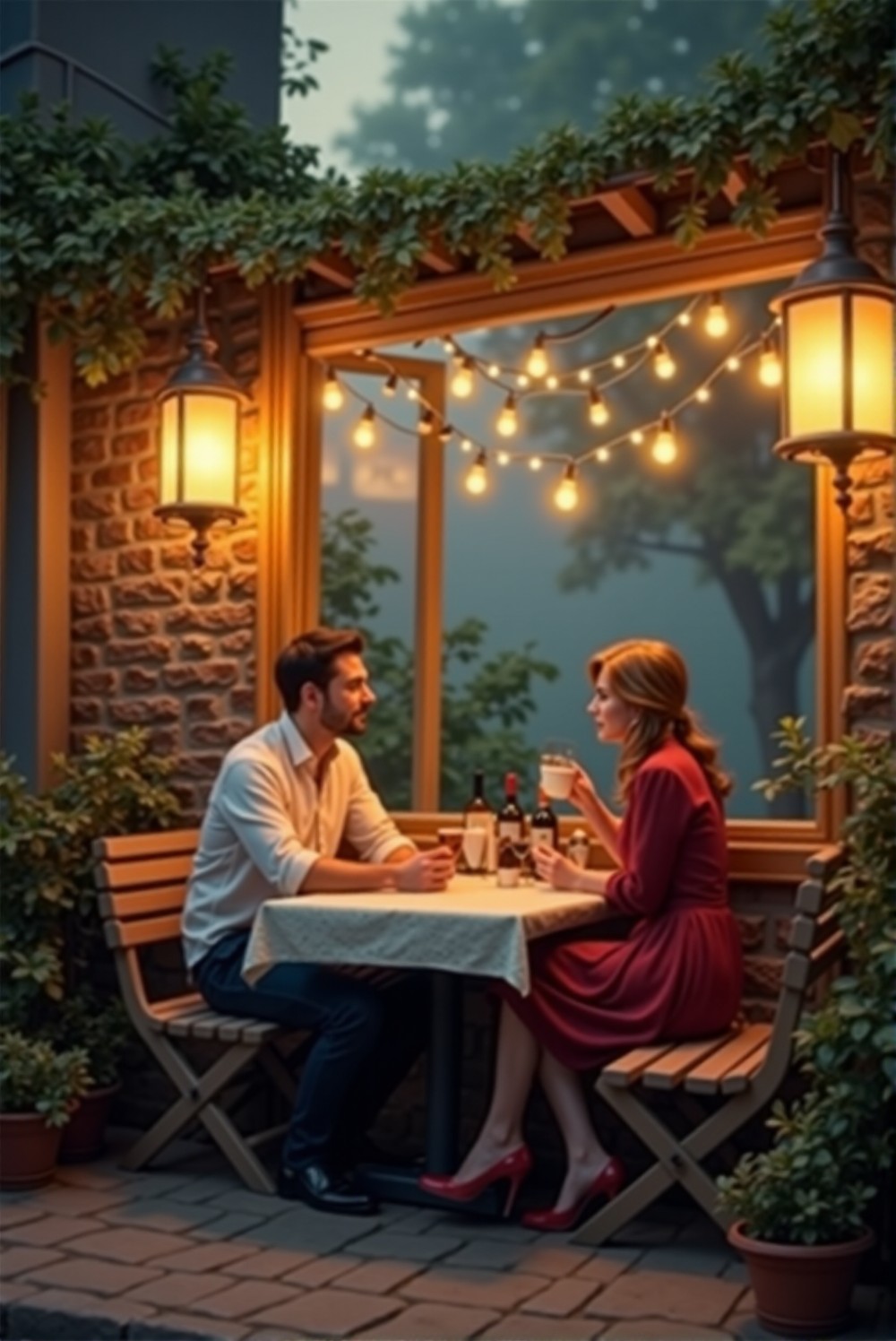 Couple enjoying a romantic first date setting.