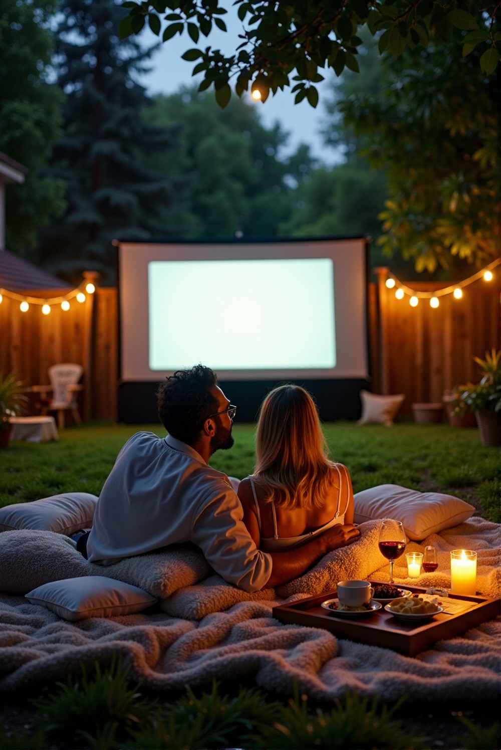 Couple enjoying a cozy outdoor movie night under the stars.